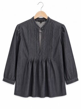 Theory Charcoal Chambray Pintuck Blouse 100% Cotton Size Small